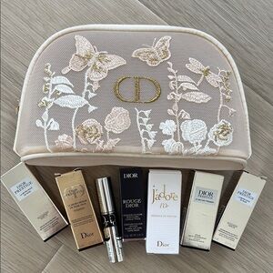 Dior Cream Cosmetic Bag with Floral Embroidery
